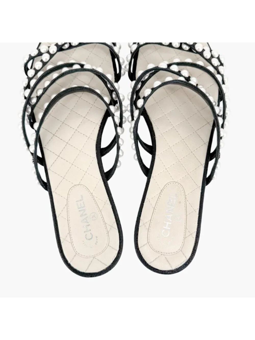 Chanel CC Pearl Strappy Slide Sandals Black White Flat Size 38.5 US 7.5-8 Women